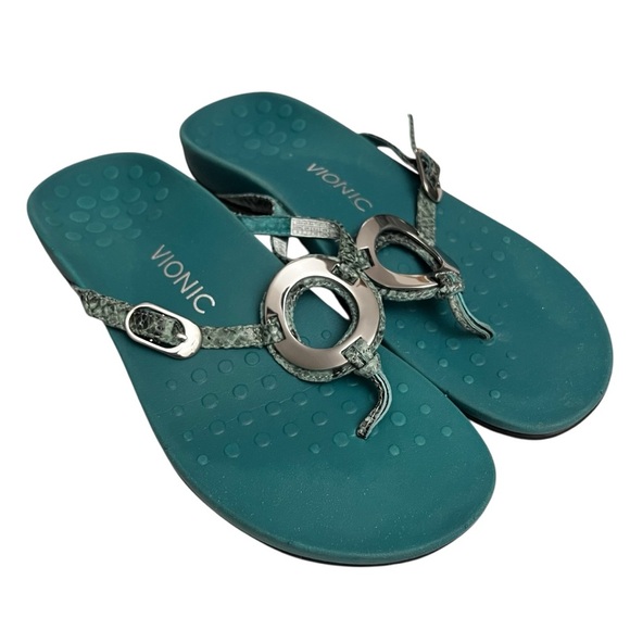 Vionic Women's Karina 9 Teal Snake Arch Support Comfort Thong Sandal Flip Flops - Picture 1 of 8
